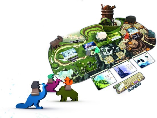 Everdell spelbord met landschap, kaarten en speelstukken, waaronder dieren op dino's.
