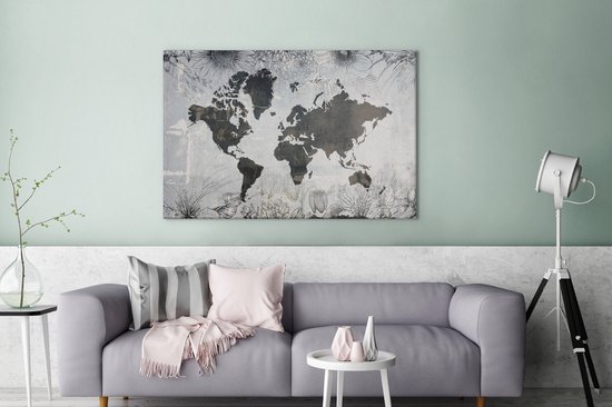 Wereldkaart avec motif béton gris foncé décorée d'illustrations de fleurs 140x90 cm