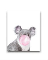 Peinture sur toile Koala avec chewing-gum rose - Enfants - Peinture d' Animaux - Chambre de bébé / Peinture Kinder - Cadeau de naissance - Décoration murale - 50x40cm - FramedCity