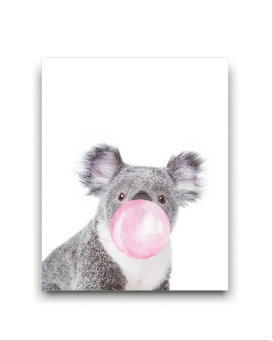 Schilderij  Koala met Roze Kauwgom - Kinderkamer - Dieren Schilderij - Babykamer / Kinder Schilderij - Babyshower Cadeau - Muurdecoratie - 50x40cm - FramedCity