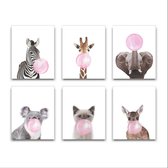 Schilderij  Set 6 Zebra Giraf Koala Olifant Hertje Poesje met Roze Kauwgom - Kinderkamer - Dieren Schilderij - Babykamer / Kinder Schilderij - Babyshower Cadeau - Muurdecoratie - 5