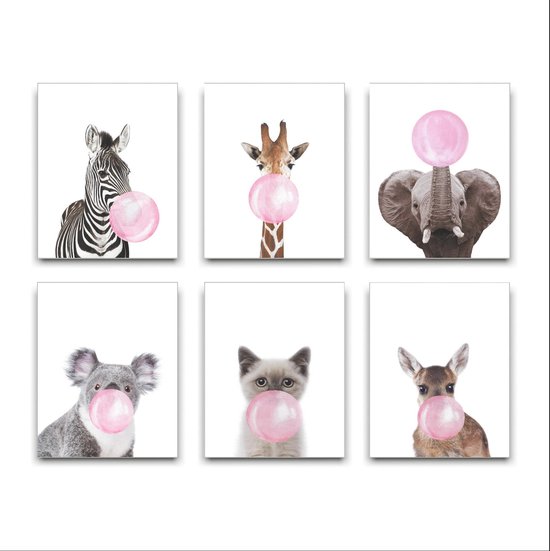 Schilderij  Set 6 Zebra Giraf Koala Olifant Hertje Poesje met Roze Kauwgom - Kinderkamer - Dieren Schilderij - Babykamer / Kinder Schilderij - Babyshower Cadeau - Muurdecoratie - 50x40cm - FramedCity
