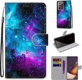 Voor Samsung Galaxy Note20 Ultra Gekleurde Tekening Cross Texture Horizontale Flip PU Leather Case met Houder & Kaartsleuven & Portemonnee & Lanyard (Paars Groene Sterrenhemel)