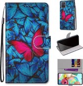 Voor Samsung Galaxy A71 Gekleurde tekening Cross Texture Horizontale Flip PU lederen tas met houder & kaartsleuven & portemonnee & lanyard (grote rode vlinder op blauw)