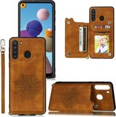 Voor Samsung Galaxy A21 Mandala reliëf PU + TPU hoesje met houder & kaartsleuven & fotolijst & riem (bruin)