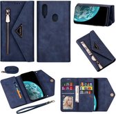 Voor Samsung Galaxy A20s Skin Feel Rits Horizontale Flip Leren Case met Houder & Kaartsleuven & Fotolijst & Lanyard & Lang Touw (Blauw)