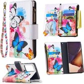 Voor Samsung Galaxy Note20 Ultra 5G Gekleurde Tekening Patroon Rits Horizontale Flip Lederen Case met Houder & Kaartsleuven & Portemonnee (Twee Vlinders)