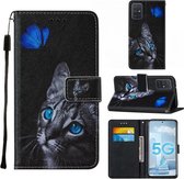 Voor Samsung Galaxy A51 5G Cross Texture Painting Pattern Horizontale Flip Leather Case met Houder & Kaartsleuven & Portemonnee & Lanyard (Blue Butterfly Cat Eyes)