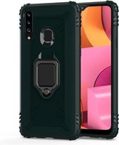 Voor Galaxy A20s koolstofvezel beschermhoes met 360 graden roterende ringhouder (groen)