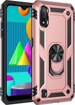 Voor Samsung Galaxy M01 schokbestendige TPU + pc-beschermhoes met 360 graden roterende houder (roségoud)