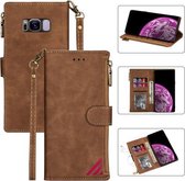 Voor Samsung Galaxy S8 Rits Multi-kaartsleuven Horizontale Flip PU lederen tas met houder & kaartsleuven & portemonnee & lanyard & fotolijst (bruin)