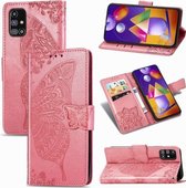 Voor Samsung Galaxy M31s Butterfly Love Flower Reliëf Horizontale Flip Leren Case met Houder & Kaartsleuven & Portemonnee & Lanyard (Roze)