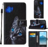 Voor Samsung Galaxy A71 Cross Texture Painting Pattern Horizontale Flip Leather Case met houder & kaartsleuven & portemonnee & Lanyard (Blue Butterfly Cat Eyes)