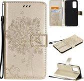 Voor OPPO Reno5 5G Boom & Kat Patroon Geperst Afdrukken Horizontale Flip PU Lederen Case met Houder & Kaartsleuven & Portemonnee & Lanyard (Goud)