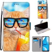 Voor OPPO F17 Pro / A93 4G / Reno4 Lite / Reno4 F Gekleurde tekening Cross Texture Horizontale flip PU lederen tas met houder & kaartsleuven & portemonnee & lanyard (Cat Drinking Soda)