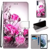 Voor Samsung Galaxy S21 FE Gekleurde Tekening Cross Textuur Horizontale Flip PU Lederen Case met Houder & Kaartsleuven & Portemonnee & Lanyard (Wild Rose)