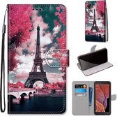 Voor Samsung Galaxy Xcover 5 Gekleurde tekening Cross Texture Horizontale Flip PU lederen tas met houder & kaartsleuven & portemonnee & lanyard (Pink Flower Tower Bridge)