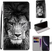 Gekleurde tekening Cross Texture Horizontale Flip PU lederen tas met houder & kaartsleuven & portemonnee & lanyard voor iPhone XR (B11 zwart-witte leeuwenkop)