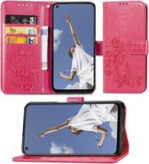 Voor OPPO A72 / A52 / A92 vierbladige sluiting reliëf gesp mobiele telefoon bescherming lederen tas met lanyard & kaartsleuf & portemonnee & beugel functie (magenta)