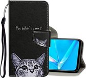 Voor OPPO A12E Gekleurd tekeningpatroon Horizontale flip lederen tas met houder & kaartsleuven en portemonnee (kat)