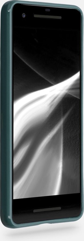 Blauwgroen telefoonhoesje om een Google Pixel 2, van schuin.