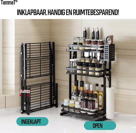 TammaT - Kruidenrek - Kruidenrek Staand - Inklapbare Keukenrek - 3-laags 35x21x56,5CM - Keuken Organizer - Aanrecht Organizer - Keuken Opslag - Roestvrij Staal - Opbergrek - Keuken organizers - Roestvrij en krasvrij