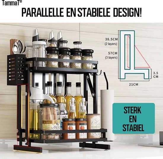 TammaT - Kruidenrek - Kruidenrek Staand - Inklapbare Keukenrek - 3-laags 35x21x56,5CM - Keuken Organizer - Aanrecht Organizer - Keuken Opslag - Roestvrij Staal - Opbergrek - Keuken organizers - Roestvrij en krasvrij