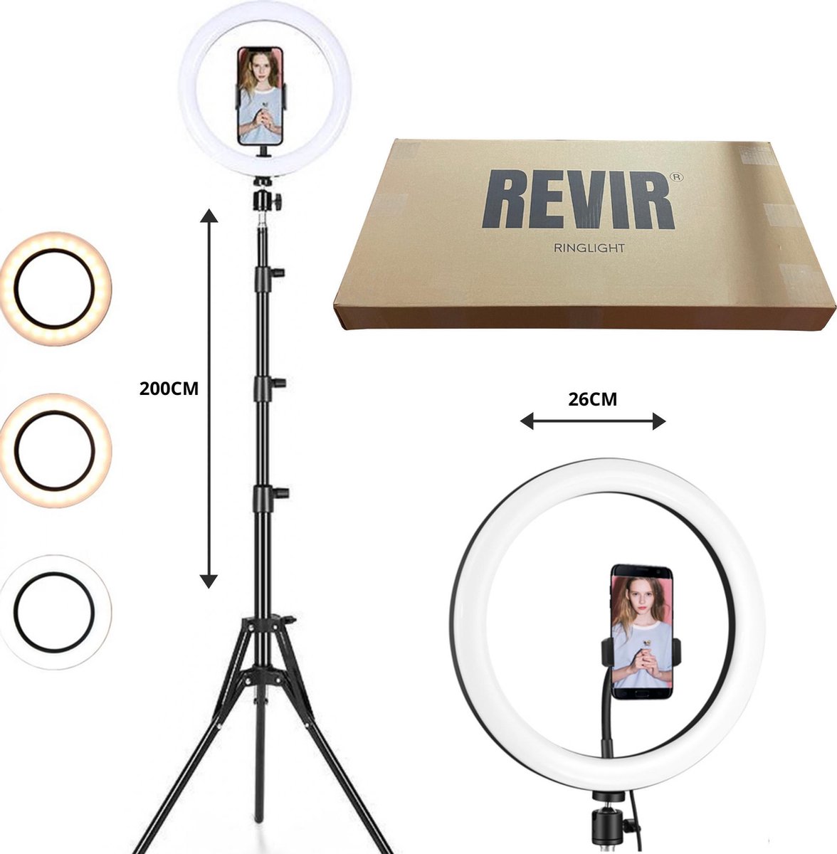 REVIR LED Ringlamp met Statief 200 CM - Led Ringlamp USB - 10 inch/26 CM- 3 Lichtstanden - Tiktok /