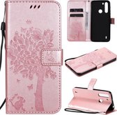 Voor Motorola One Fusion Tree & Cat Pattern Pressed Printing Horizontale Flip PU lederen tas met houder & kaartsleuven & portemonnee & lanyard (Rose Gold)