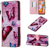 Voor Galaxy M11 - Leren hoesje met glitterpatroon met links en rechts met beugel en kaartsleuf en portemonnee en draagkoord (blauwe vlinder)