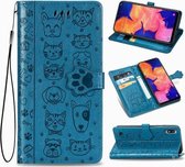 Voor Galaxy A10 schattige kat en hond reliëf horizontale flip lederen tas met beugel / kaartsleuf / portemonnee / lanyard (blauw)
