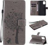 Voor Motorola Moto G9 Plus Tree & Cat Pattern Pressed Printing Horizontale Flip PU lederen tas met houder & kaartsleuven & portemonnee & lanyard (grijs)