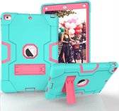 Voor iPad Air contrastkleur siliconen + pc combinatiebehuizing met houder (Aqua + Rose Red)
