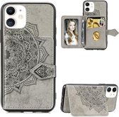 Voor iPhone 11 Mandala in reliëf gemaakte stoffen kaarthoes Mobiele telefoonhoes met magnetische en beugelfunctie met kaarttas / portemonnee / fotolijstfunctie met draagriem (grijs)