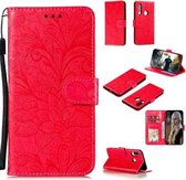 Voor Huawei Y7P / P40 Lite Kant Bloem Embossing Patroon Horizontale Flip Leren Case, met Houder & Kaartsleuven & Portemonnee & Fotolijst & Lanyard (Rood)