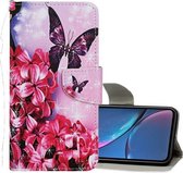 Voor iPhone XR Gekleurd tekeningpatroon Horizontaal lederen flip-hoesje met houder & kaartsleuven en portemonnee (rode bloemvlinder)