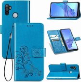 Voor Oppo A53 2020 vierbladige gesp reliëf gesp mobiele telefoon bescherming lederen tas met lanyard & kaartsleuf & portemonnee & beugel functie (blauw)