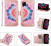 Voor Huawei P40 Lite Afdrukken Tweekleurig Half Mandala-patroon Dubbelzijdige magnetische gesp Horizontale flip lederen hoes met houder & kaartsleuven & portemonnee & fotolijst & lanyard (ros