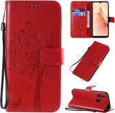 Voor OPPO A8 / A31 (2020) Boom & Kat Patroon Geperst Afdrukken Horizontale Flip PU Leren Case met Houder & Kaartsleuven & Portemonnee & Lanyard (Rood)