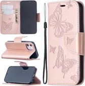Voor iPhone 12 mini Embossing Two Butterflies Pattern Horizontale Flip PU Leather Case met houder & kaartsleuf & portemonnee & Lanyard (Rose Gold)