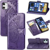 Voor iPhone 12 Pro Max Butterfly Love Flower reliëf horizontale flip lederen tas met beugel / kaartsleuf / portemonnee / lanyard (donkerpaars)