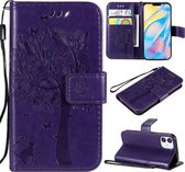 Voor iPhone 12 mini Tree & Cat Reliëfpatroon Horizontale Flip Leren Case met Houder & Kaartsleuven & Portemonnee & Lanyard (Paars)