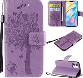 Voor iPhone 12 mini Tree & Cat Reliëfpatroon Horizontale Flip Leren Case met Houder & Kaartsleuven & Portemonnee & Lanyard (Lichtpaars)