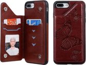 Voor iPhone 8 Plus & 7 Plus Butterfly Embossing Pattern Schokbestendige beschermhoes met houder & kaartsleuven en fotolijst (bruin)