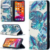 Gekleurde tekening patroon onzichtbare magnetische horizontale flip PU lederen tas met houder & kaartsleuven & portemonnee voor iPhone 11 (blauwe bladeren)