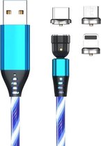 3 in 1 2,4 A USB naar 8-pins + micro-USB + USB-C / Type-C 540 graden buigbare streamer magnetische datakabel, kabellengte: 1 m (blauw)