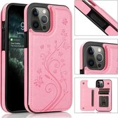 Vlinders Bloemen Dubbele gesp PU + TPU beschermhoes met houder & kaartsleuven en fotolijst voor iPhone 12 Pro Max (roze)