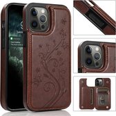 Vlinders Bloemen Dubbele gesp PU + TPU beschermhoes met houder & kaartsleuven en fotolijst voor iPhone 12 Pro Max (bruin)