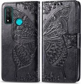 Voor Huawei P Smart 2020 Vlinder Liefde Bloem Reliëf Horizontale Flip Leren Case met Beugel / Kaartsleuf / Portemonnee / Lanyard (Zwart)