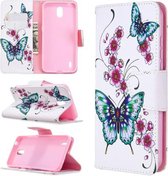 Voor Nokia 1.3 Gekleurde Tekening Patroon Horizontale Flip Leren Case met Houder & Kaartsleuven & Portemonnee (Perzik Bloesem en Vlinder)